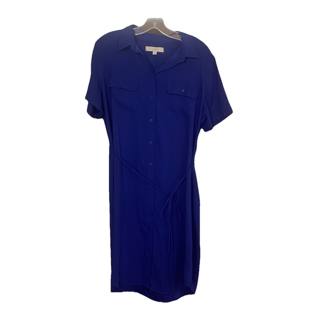 LOFT Royal Blue Button Down Lightweight Shirt Dress‎ Tie Large SKU C103